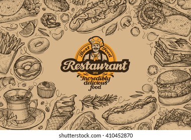 template design menu restaurant or diner. hand drawn food