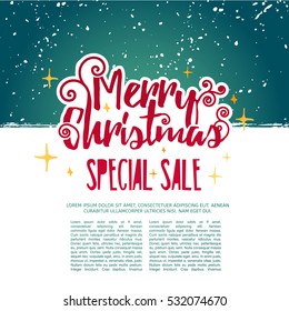 Template design Merry Christmas banner. Happy holiday brochure with decoration for xmas sale. Poster Christmas lettering for a new year offer. Vector.

