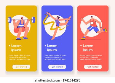 Vorlagendesign für mobile App-Seite mit Professional-Sportkonzept. Athleten tun Gewichtheben, rhythmische Gymnastik, Laufen, Üben, Vorbereitung für Wettkämpfe. Vektorgrafik-Zeichenillustration