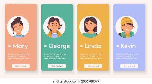 Diseño de plantillas para la página de aplicaciones móviles con el concepto de Kindergarten. Retratos de niños y niñas con sus nombres. Los niños estudian juntos, educación preescolar, infancia. Ilustración de carácter de vector