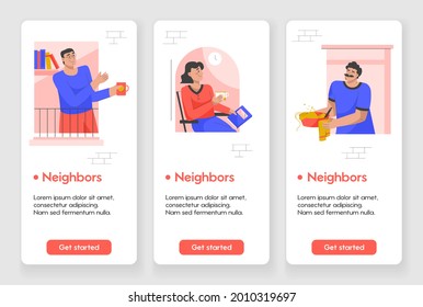 Template design for mobile app page with Neighbors concept. Men and women look out from windows, drinking tea, cooking food, reading books. Good neighborly relations. Vector character illustration