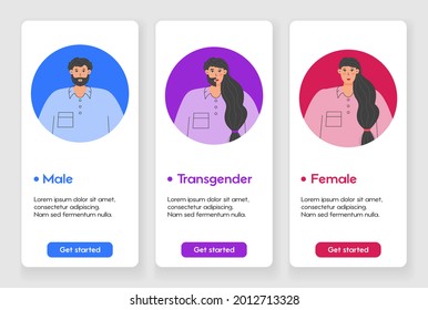 Diseño de plantillas para la página de aplicaciones móviles con el concepto de identidad de género. Transición masculina, transgénero y femenina. Libre determinación de género, igualdad, derechos y oportunidades. Ilustración de carácter de vector