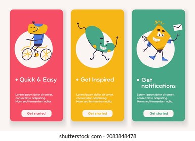 Template design for mobile app page with Quick and Easy, Get Inspired and Notifications signs and cute monsters characters. Different mascots for business. Vector illustration in flat cartoon style