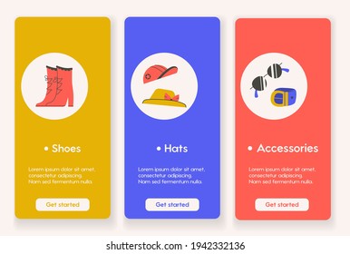Template design for mobile app pages with Style, Fashion and Shopping concept. Women's shoes, hats and accessories. Sale and retail, best discounts, e-commerce. Vector illustration banners design