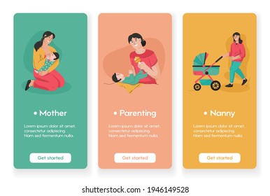 Template design for mobile app pages with Motherhood and Childhood concept. Mom is breastfeeding baby. Woman parenting child. Nanny walking with kid in stroller. Vector character illustration