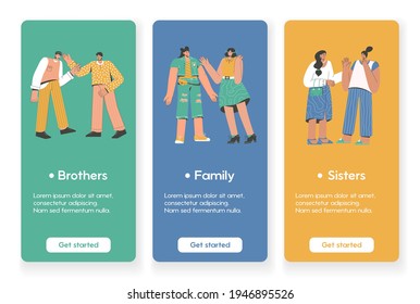 Template Design For Mobile App Pages With Family Relationship Concept. Adult Brothers And Sisters Meeting, Talking And Spend Time Together. Siblings Friendship. Vector Illustration Banners Design