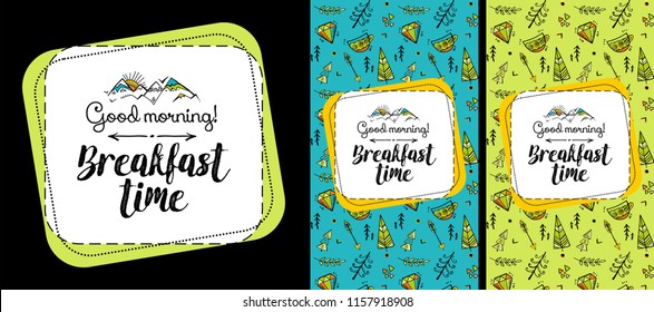 Template for design. Modern frame and stylish pattern in boho style. Set for the cover of the menu. Good morning. Breakfast time.