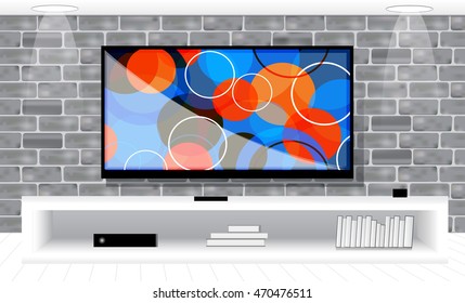 Template design modern living-room with TV on a gray brick wall. Mock up. Vector illustration.