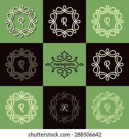 Template design for monograms, labels, logos with letter R in various styles. Vector illustration.