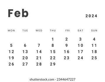 Template design of Monthly Calendar on february 2024. Vector layout minimal calendar with week start Monday.