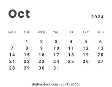 Template design of Monthly Calendar on october 2024. Vector layout minimal calendar with week start Monday.