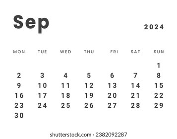 Template design of Monthly Calendar on september 2024. Vector layout minimal calendar with week start Monday.