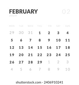 Template design of Monthly Calendar on February 2024. Vector layout minimal calendar in Square shape with week start Monday.