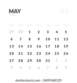 Template design of Monthly Calendar on May 2024. Vector layout minimal calendar in Square shape with week start Monday.