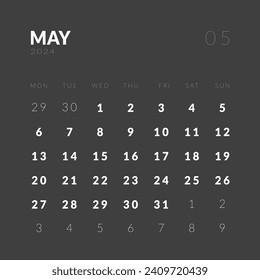 Template design of Monthly Calendar on May 2024. Vector layout minimal calendar in Square shape with week start Monday in dark color