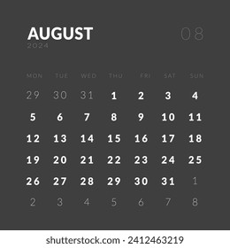 Template design of Monthly Calendar on August 2024. Vector layout minimal in Square shape calendar with week start Monday in dark color