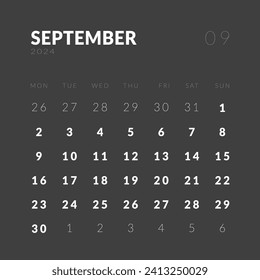 Template design of Monthly Calendar on September 2024. Vector layout minimal calendar in Square shape with week start Monday in dark color