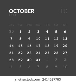 Template design of Monthly Calendar on October 2024. Vector layout minimal calendar in Square shape with week start Monday in dark color