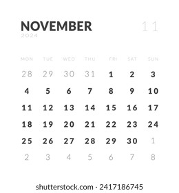 Template design of Monthly Calendar on November 2024. Vector layout minimal calendar in Square shape with week start Monday.