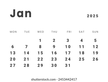 Template design of Monthly Calendar on January 2025. Vector layout grid of calendar with week start Monday. Page for size A4 -21x29.7 cm.