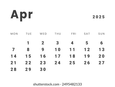 Template design of Monthly Calendar on April 2025. Vector layout grid of calendar with week start Monday. Page for size A4 -21x29.7 cm.