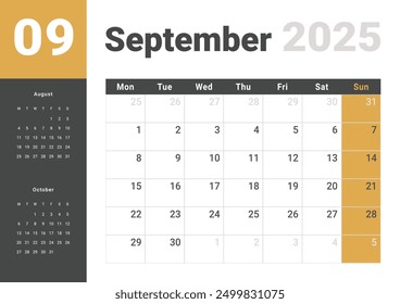 Template design of Monthly Calendar on September 2025. Vector layout grid of calendar with week start Monday with previous and next month dates. Page for size A4 -21x29.7 cm.