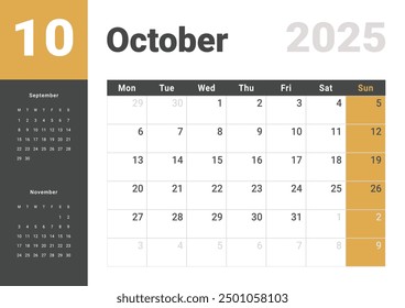 Template design of Monthly Calendar on October 2025. Vector layout grid of calendar with week start Monday with previous and next month dates. Page for size A4 -21x29.7 cm.