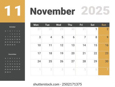 Template design of Monthly Calendar on November 2025. Vector layout grid of calendar with week start Monday. 3 Months on Page. Page for size A4 -21x29.7 cm.