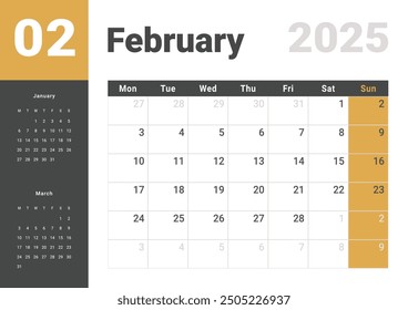 Template design of Monthly Calendar on February 2025. Vector layout grid of calendar with week start Monday with previous and next month dates. Page for size A4 -21x29.7 cm.