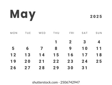 Template design of Monthly Calendar on May 2025. Vector layout grid of calendar with week start Monday. Page for size A4 -21x29.7 cm.