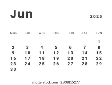 Template design of Monthly Calendar on June 2025. Vector layout grid of calendar with week start Monday. Page for size A4 -21x29.7 cm.