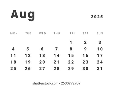 Projeto do modelo do Calendário Mensal em agosto de 2025. Grade de layout de vetor do calendário com início na segunda-feira da semana. Página de tamanho A4 -21x29,7 cm.