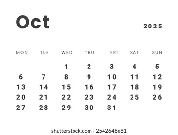 Template design of Monthly Calendar on October 2025. Vector layout grid of calendar with week start Monday. Page for size A4 -21x29.7 cm.