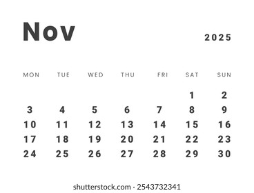 Projeto do modelo do Calendário Mensal em novembro de 2025. Grade de layout de vetor do calendário com início na segunda-feira da semana. Página de tamanho A4 -21x29,7 cm.