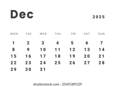 Projeto do modelo do Calendário Mensal em dezembro de 2025. Grade de layout de vetor do calendário com início na segunda-feira da semana. Página de tamanho A4 -21x29,7 cm.