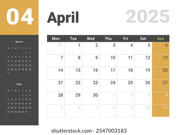 Projeto do modelo do Calendário Mensal em abril de 2025. Grade de layout vetorial do calendário com semana começa na segunda-feira com as datas do mês anterior e do mês seguinte. Página de tamanho A4 -21x29,7 cm.