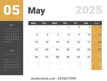 Projeto do modelo do Calendário Mensal em maio de 2025. Grade de layout vetorial do calendário com semana começa na segunda-feira com as datas do mês anterior e do mês seguinte. Página de tamanho A4 -21x29,7 cm.