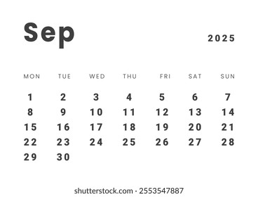 Template design of Monthly Calendar on September 2025. Vector layout grid of calendar with week start Monday. Page for size A4 -21x29.7 cm.