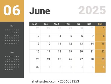 Template design of Monthly Calendar on June 2025. Vector layout grid of calendar with week start Monday with previous and next month dates. Page for size A4 -21x29.7 cm.