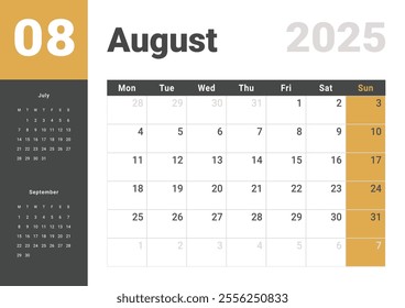 Template design of Monthly Calendar on August 2025. Vector layout grid of calendar with week start Monday. 3 Months on Page. Page for size A4 -21x29.7 cm.