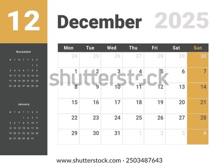 Template design of Monthly Calendar on December 2025. Vector layout grid of calendar with week start Monday with previous and next month dates. Page for size A4 -21x29.7 cm.