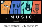 template design for music festival celebration. A lively party celebration with displays of guitar, drum, mic, trumpet and piano musical instruments. music festival design concept