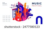 template design for music festival celebration. A lively party celebration with displays of guitar, drum, mic, trumpet and piano musical instruments. music festival design concept