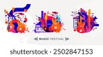 template design for music festival celebration. A lively party celebration with displays of guitar, drum, mic, trumpet and piano musical instruments. music festival design concept