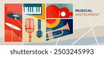 template design for music festival celebration. A lively party celebration with displays of guitar, drum, mic, trumpet and piano musical instruments. music festival design concept