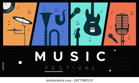 template design for music festival celebration. A lively party celebration with displays of guitar, drum, mic, trumpet and piano musical instruments. music festival design concept