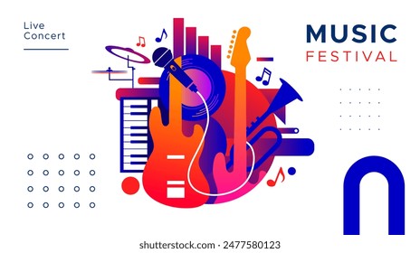 template design for music festival celebration. A lively party celebration with displays of guitar, drum, mic, trumpet and piano musical instruments. music festival design concept