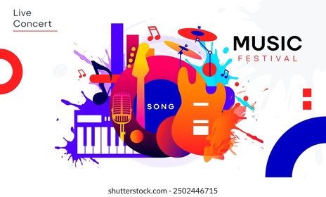 template design for music festival celebration. A lively party celebration with displays of guitar, drum, mic, trumpet and piano musical instruments. music festival design concept