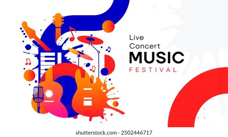 Diseño de Plantilla para la celebración del festival de música. Una animada celebración de fiesta con muestras de instrumentos musicales de guitarra, tambor, micrófono, trompeta y piano. concepto de diseño de festival de música