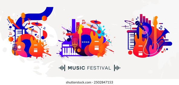 template design for music festival celebration. A lively party celebration with displays of guitar, drum, mic, trumpet and piano musical instruments. music festival design concept